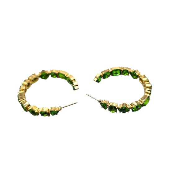 Pierced Earrings Hoop Green Rhinestones Inside Out Gold Tone Drop SKU 2770 - Picture 2 of 6